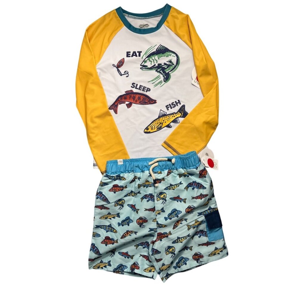 Mud Pie 6-9m NWT fish fishing swim bathing suit rash guard set long sleeve UPF